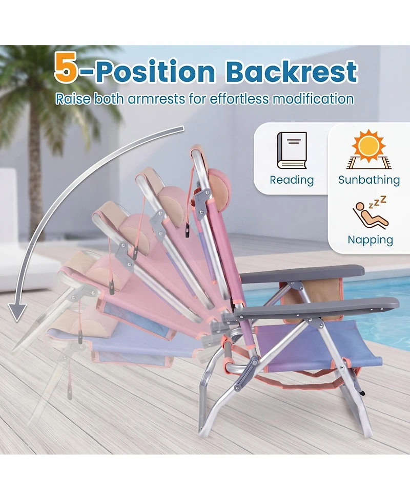 Gymax 4PCS Folding Backpack Beach Chair 5-Position Outdoor Reclining Chairs w/ Pillow