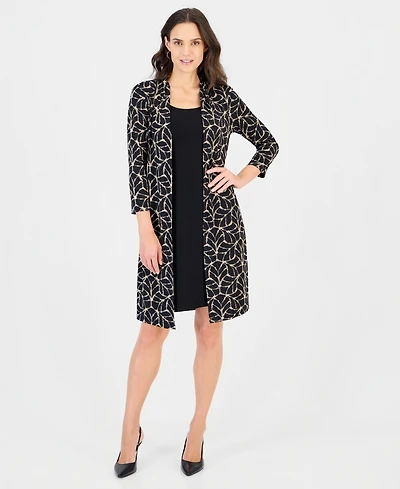 Connected Women's Geometric-Print Scoop Neck 3/4-Sleeve Jacket Dress