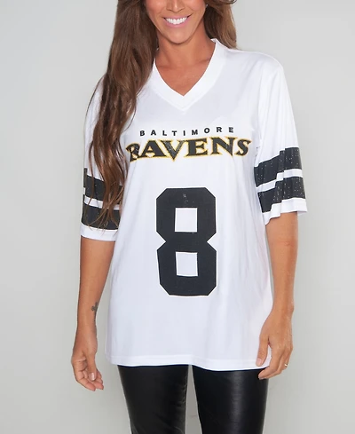 Cuce Women's Lamar Jackson White Baltimore Ravens Crystal V-Neck Tunic Top