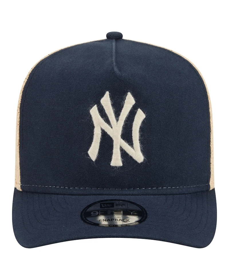 New Era Men's Navy/Natural New York Yankees Grained 9FIFTY A-Frame Trucker Adjustable Hat