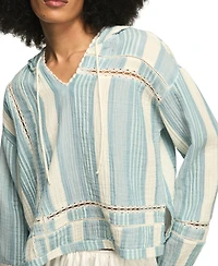 Lucky Brand Women's Striped Lace Detail V-Neck Hoodie