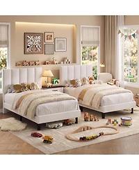gaomon Set of 2 Size Bed Frame with Adjustable Height Vertical Channel Tufted Headboard, Upholstered Platform Bed Frame with Wooden Slats Support