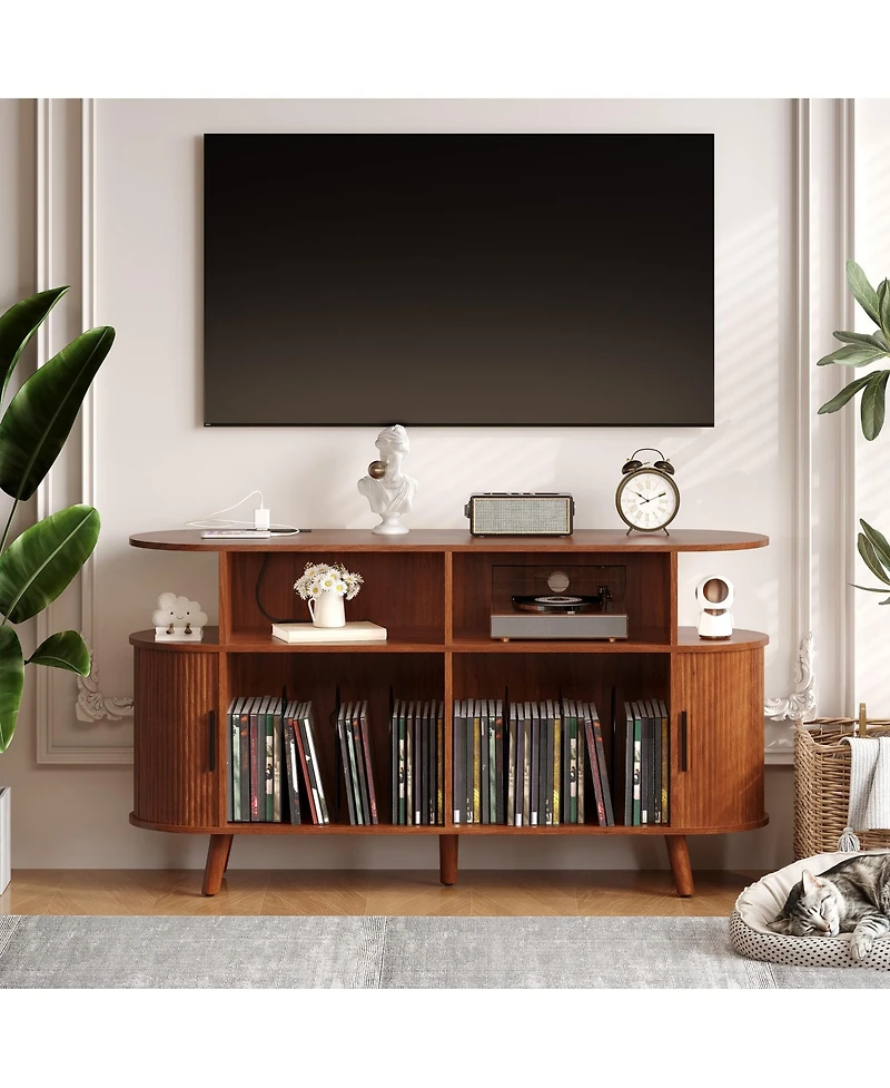 homfan 55 Inches Wide Mid-Century Round Record Player Stand with Charging Station, Usb Ports, and Ample Vinyl Storage