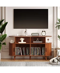 homfan 55 Inches Wide Mid-Century Round Record Player Stand with Charging Station, Usb Ports, and Ample Vinyl Storage