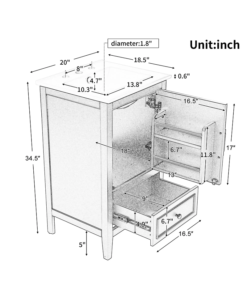 Busdays 20 Inch Bathroom Vanity with Sink Door with Shelf Storage Adjustable Foot Pads and Drawer