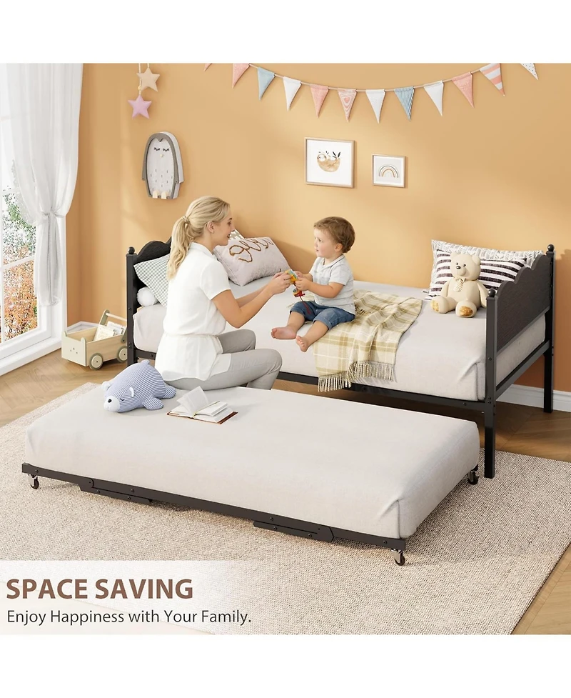 gaomon Daybed with Trundle, Twin Day Bed Metal Slat Support and Lockable Casters, Wavy Headboard Wood Grain, Space Saving Sofa