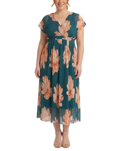 London Times Plus Pleated Surplice-Neck Fit & Flare Dress