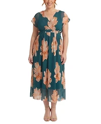 London Times Plus Pleated Surplice-Neck Fit & Flare Dress