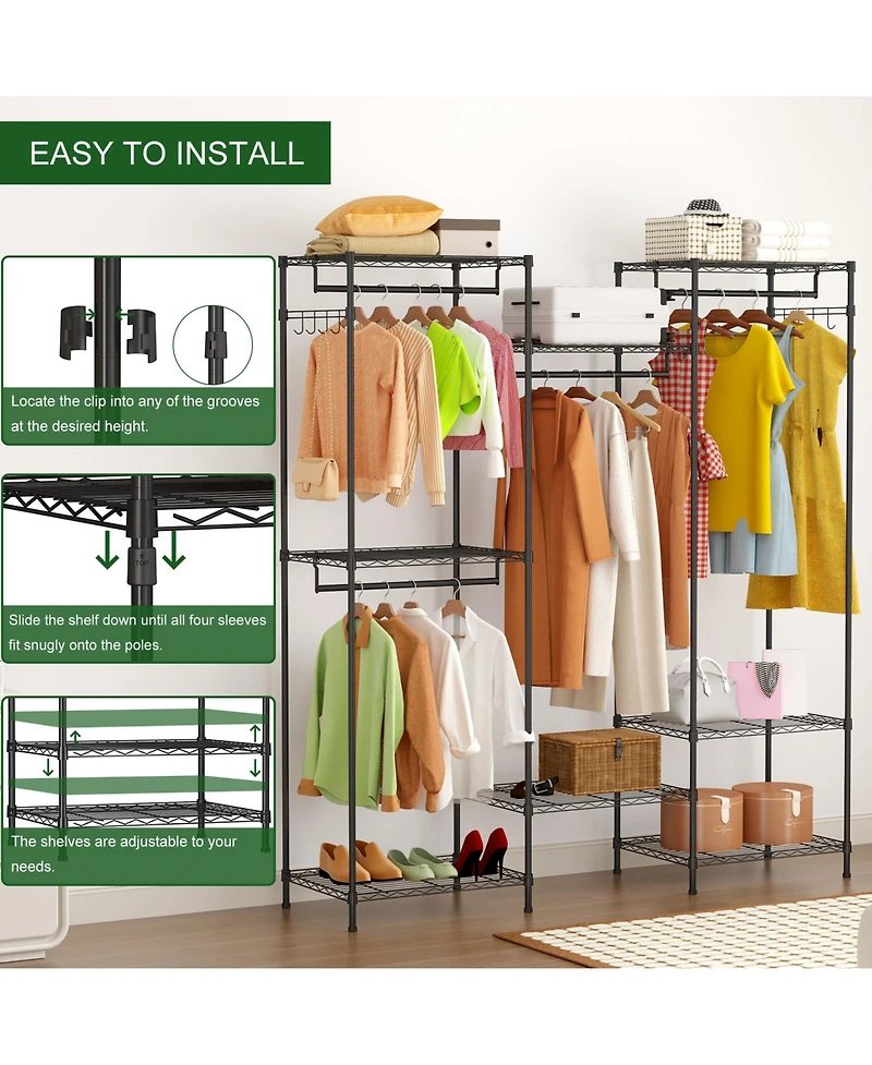 gaomon Heavy Duty Metal Clothes Rack Organizer 4 Hanging Rods,8 Shelves and Hooks Freestanding Portable Wardrobe Closet for Bedroom,Entryway