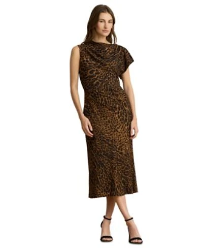 Lauren Ralph Lauren Womens Asymmetrical Neck Ocelot Print Pleated Crepe Dress