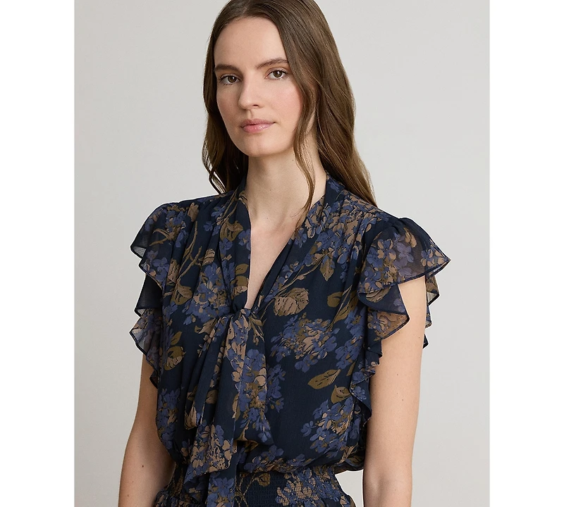 Lauren Ralph Women's Floral Crinkle Georgette Tie-Neck Midi Dress