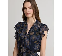 Lauren Ralph Women's Floral Crinkle Georgette Tie-Neck Midi Dress