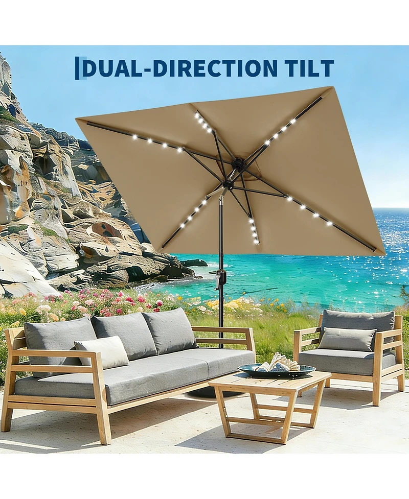 gaomon Solar Powered Rectangular Patio Umbrella With Led Lights - Outdoor Market Table Umbrella, Push Button Tilt, 6 Sturdy Ribs For Garden, Deck