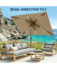 gaomon Solar Powered Rectangular Patio Umbrella With Led Lights - Outdoor Market Table Umbrella, Push Button Tilt, 6 Sturdy Ribs For Garden, Deck