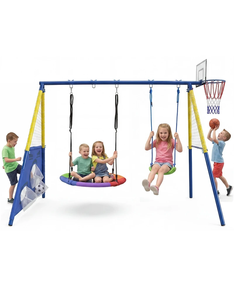 Zeny 5-in-1 Kids Swing Set with Saucer Swing, Belt Swing, Basketball Hoop , Heavy Duty Metal Frame Backyard Playground for Toddlers and Kids