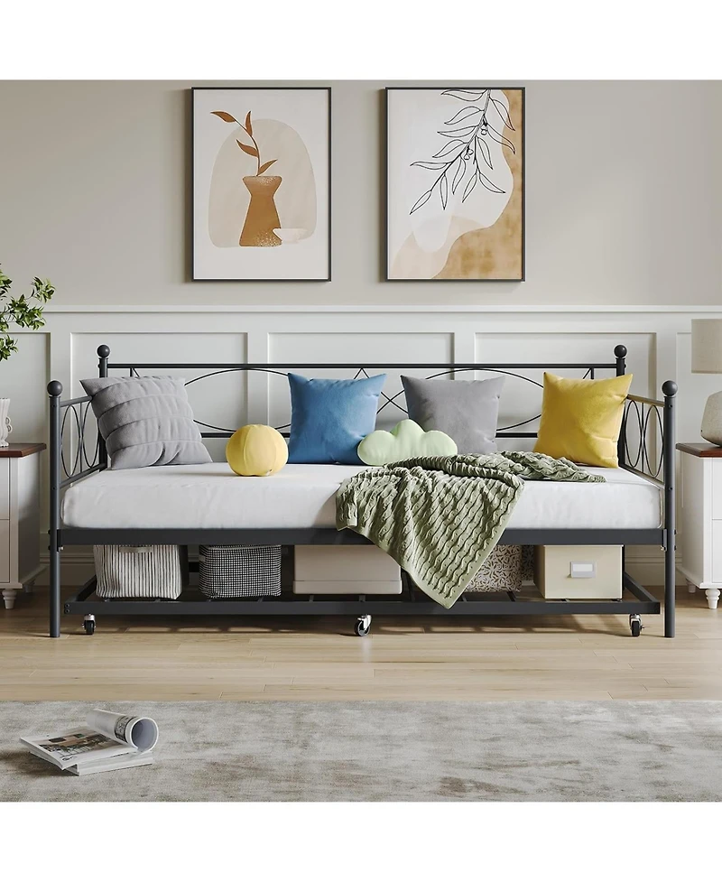 gaomon Senfot Twin Daybed with Trundle, Pull Out Trundle Day Bed, Twin Mattress Foundation with Metal Slats, Modern Sofa Bed for Living Room, Bedroom
