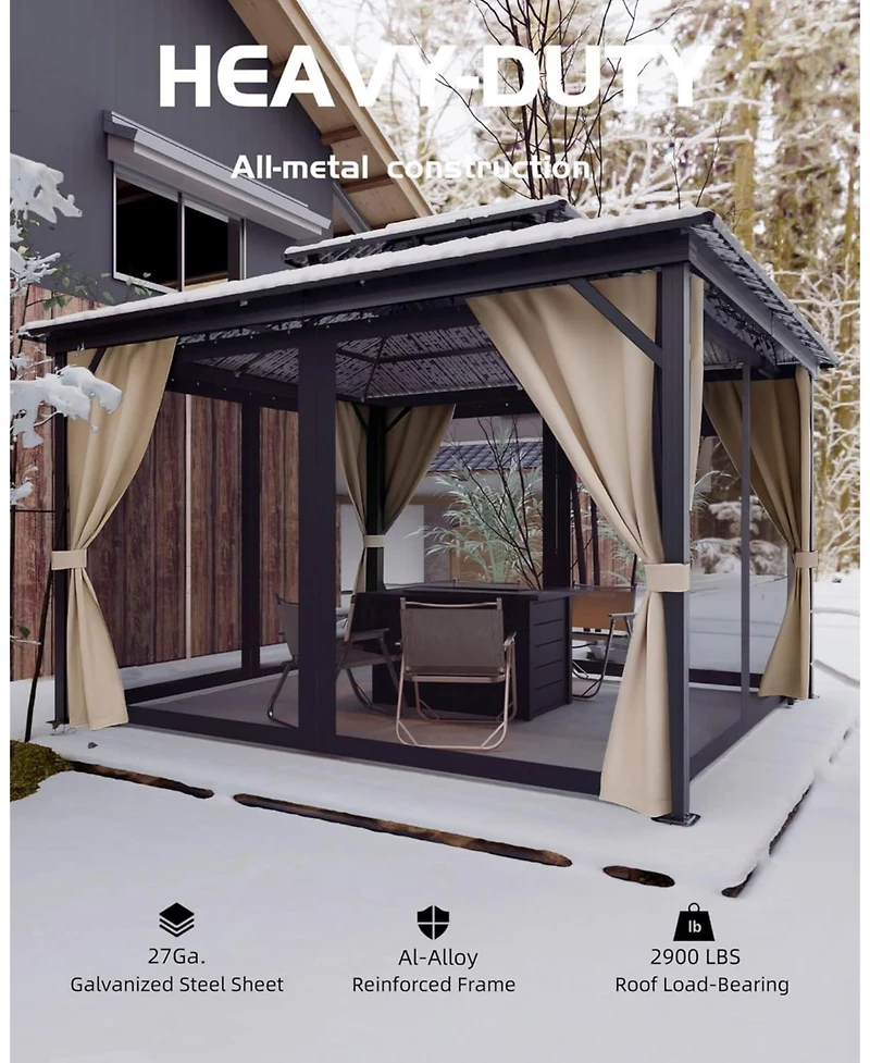gaomon Hardtop Gazebo 10 ft x14 ft for All Weather, with Double Metal Roof, Aluminum Alloy Frame, Net, and Curtain, Permanent Building for Patio, Deck