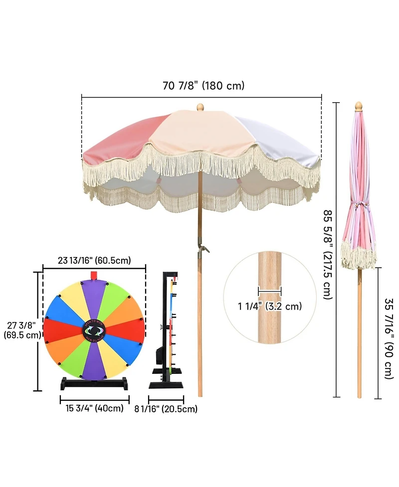 WinSpin 24" Modular Prize Wheel Tabletop w/ Palm Springs Pink Fringe Umbrella for Outdoor Pop-up Shop Craft Booth