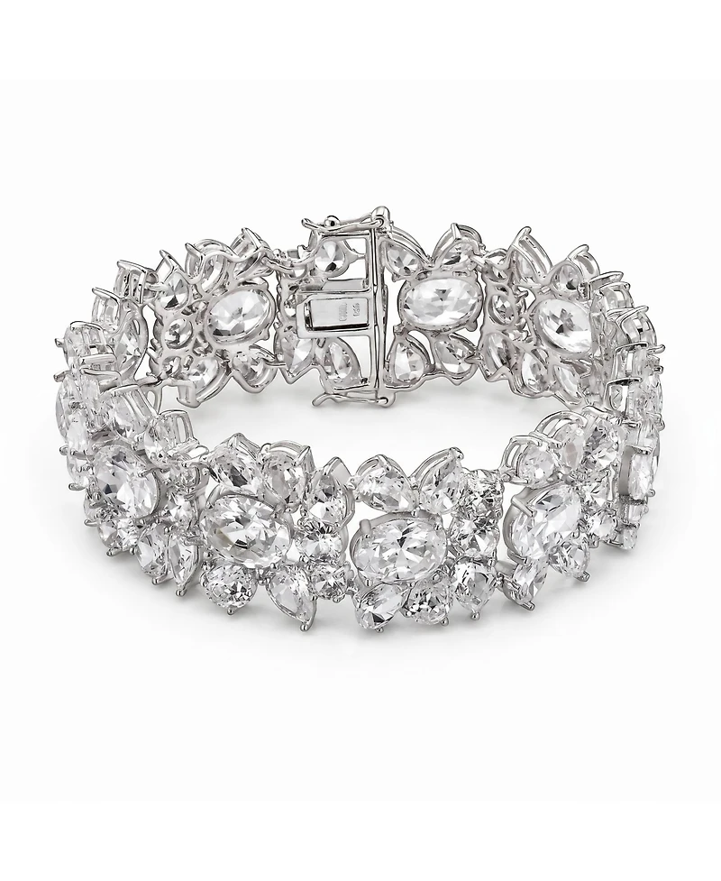 Genevive Exquisite Rhodium-Plated Sterling Silver Flower Bracelet with Cubic Zirconia