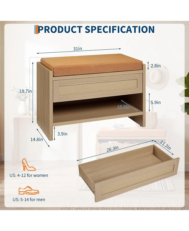 homfan Rattan Entryway Shoe Bench with Storage Drawer and Linen Cushion – Wooden Open Shelf Comfortable Seat