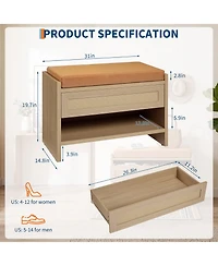 homfan Rattan Entryway Shoe Bench with Storage Drawer and Linen Cushion – Wooden Open Shelf Comfortable Seat