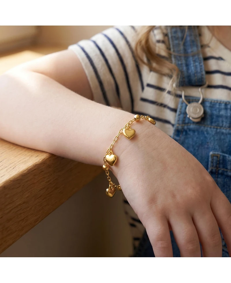 GiGiGirl 14k Yellow Gold Plated Beaded Heart Charm Station Kids Bracelet - Adjustable w/ Extension Chain