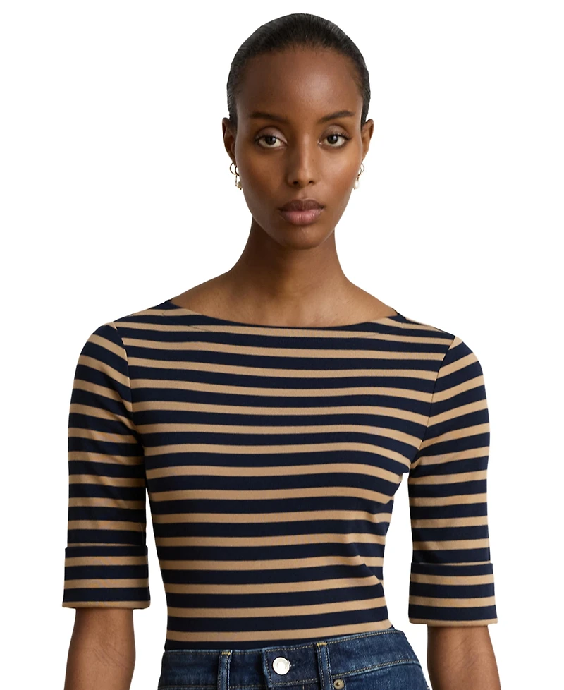 Lauren Ralph Women's Striped Stretch Cotton Boat Neck Top