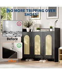 gaomon Shoe Cabinet Storage for Entryway, Rattan Cabinet, Wooden Rack with 3 Doors
