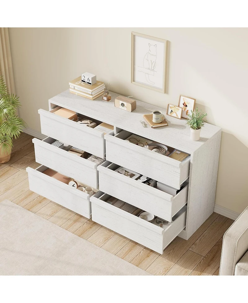 homfan 6-Drawer Storage Dresser Wide Antique Chest of Drawers for Clothes, Linens and Bedroom Organization