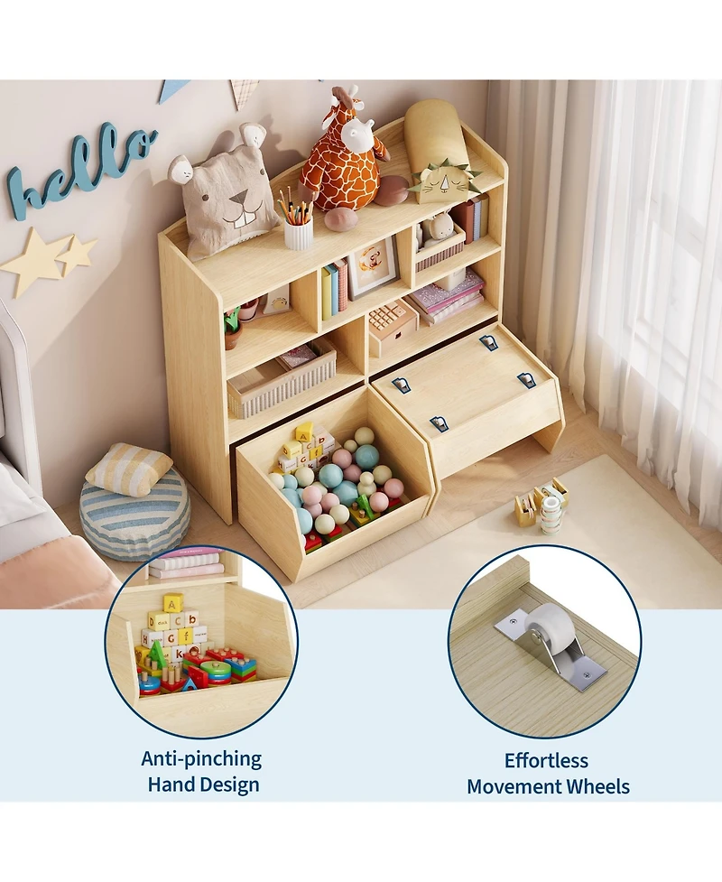 gaomon Set of 2 Toy Storage Organizer with Movable Drawers, Bookshelf with Hidden Wheels and 5 Open Cubbies, Multifunctional Floor Storage Chest