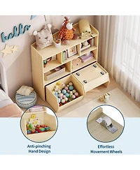 gaomon Set of 2 Toy Storage Organizer with Movable Drawers, Bookshelf with Hidden Wheels and 5 Open Cubbies, Multifunctional Floor Storage Chest