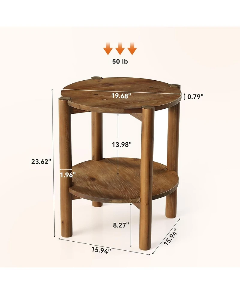 Tribesigns 2-Tier Solid Wood Round Side Table Set of 2, Farmhouse Rustic Nightstand, Small End Table