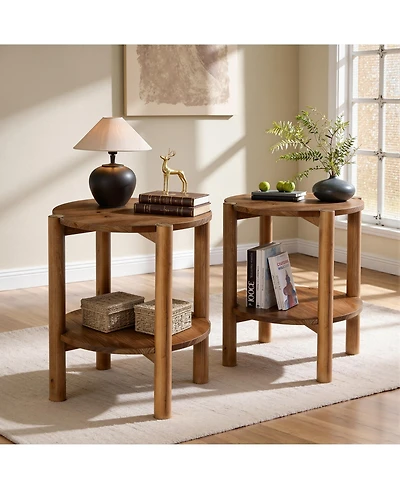 Tribesigns 2-Tier Solid Wood Round Side Table Set of 2, Farmhouse Rustic Nightstand, Small End Table