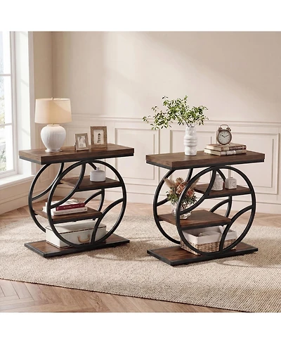 Tribesigns Side Table with 4-Tier Storage Shelf Set of 2, 25-Inch Living Room Narrow End Table, Small Industrial Nightstand with Geometric Metal Frame
