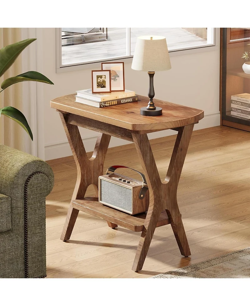Tribesigns Solid Wood Side Table Set of 2, 2-Tier End Table with Storage, Farmhouse Nightstand for Small Spaces