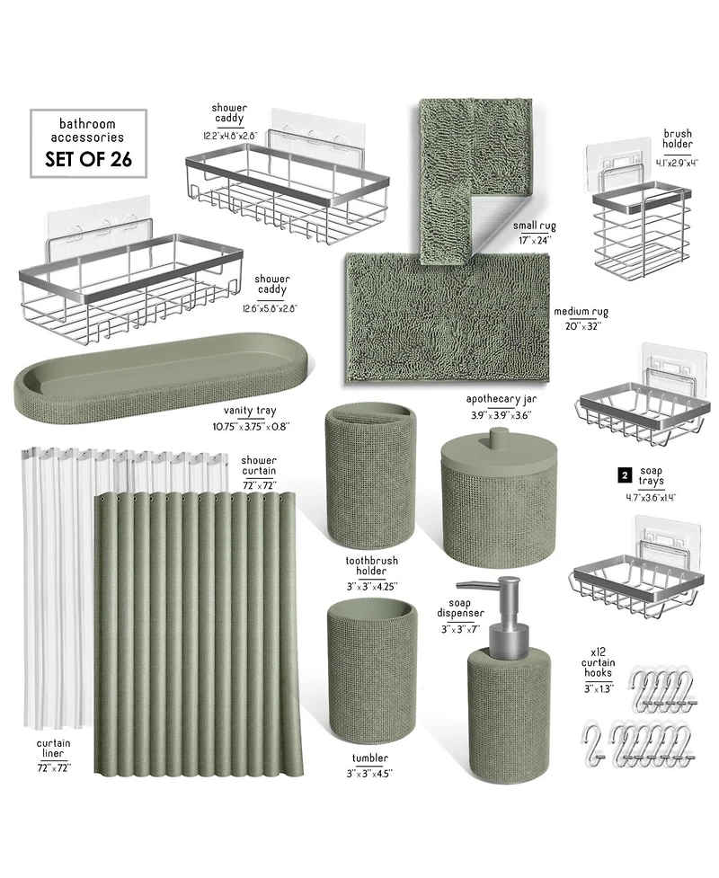 Complete Burlap Texture Polyresin Bathroom Decor and Accessory Set with Shower Curtain
