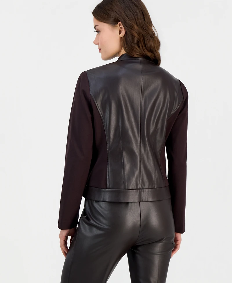 Anne Klein Essentials Petite Mod Moto Zipper-Front Mandarin Collar Jacket