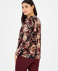 Anne Klein Essentials Petite Split-Neck Yoke Long-Sleeve Blouse