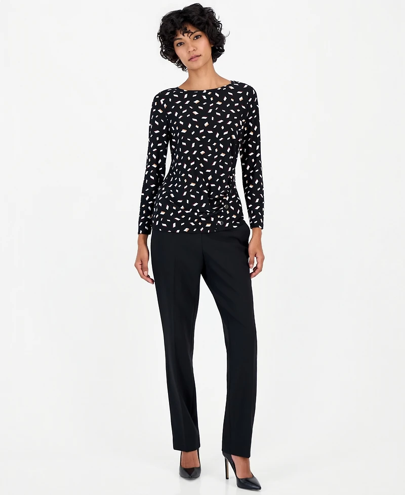 Anne Klein Essentials Women's Petite Long-Sleeve Ruched Rivet-Detail Blouse