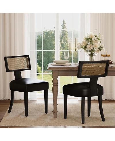 gaomon Set of 2, Mid Century Modern Upholstered Chairs with Rattan Wood Back, Armless Kitchen Chairs with Black Wood Legs for Dining Room