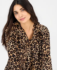 Anne Klein Essentials Petite Long-Sleeve Leopard-Print Blouse