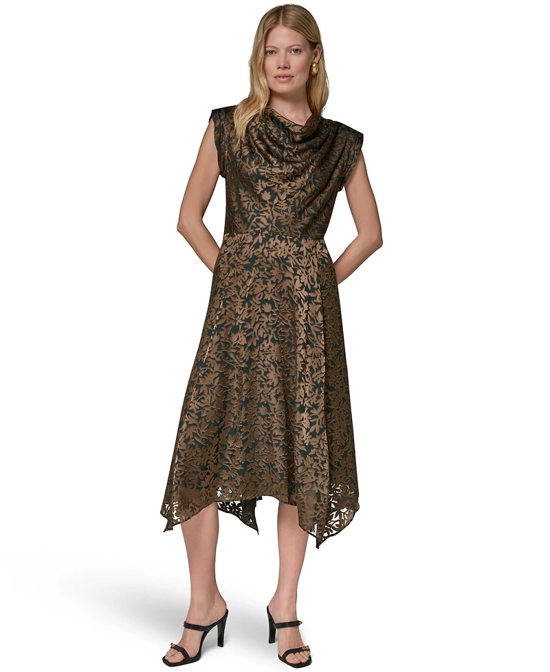 Donna Karan New York Women's Floral Vine Burnout Cowl Neck Dress