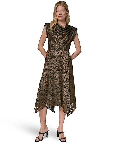 Donna Karan New York Women's Floral Vine Burnout Cowl Neck Dress