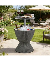 Yiortwo Outdoor Rattan Ice Cooler Bar Table with Extendable Tabletop and Drain Plug