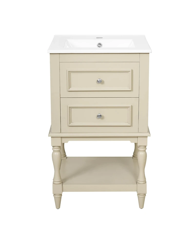 Busdays 20 Inch Ceramic Sink Bathroom Vanity Retro Design Storage Cabinet with Open Shelf and 2 Drawers