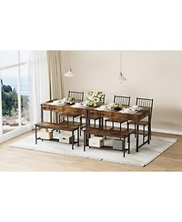 homfan Dining Table Set of 4, Wooden Kitchen with 2 Chairs, 1 Bench, Storage Drawers and Rack for Small Space Apartment