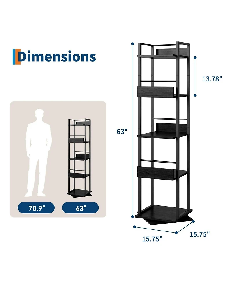 gaomon 5-Tier Rotating Corner Bookshelf Industrial Storage Wood for Small Space