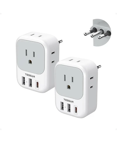 Tessan Italy Travel Plug Adapter 2 Pack, Italy Power Adaptor with 4 Outlets 3 Usb Charger (1 Usb C Port), Type L Adapter for Us to Chile Libya Syria