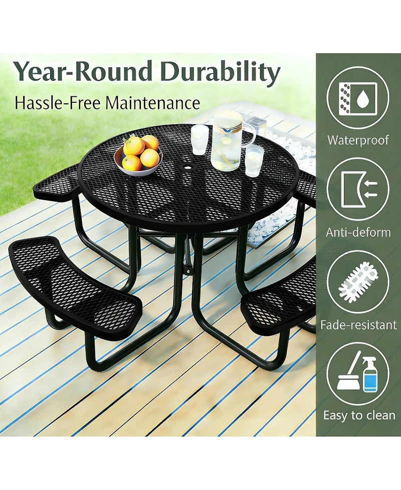 homfan Heavy Duty Metal Picnic Tables with Umbrella Hole, 46" Round Top Table Coated Steel Commercial Grade Furniture Set Weather and Rust Resistant