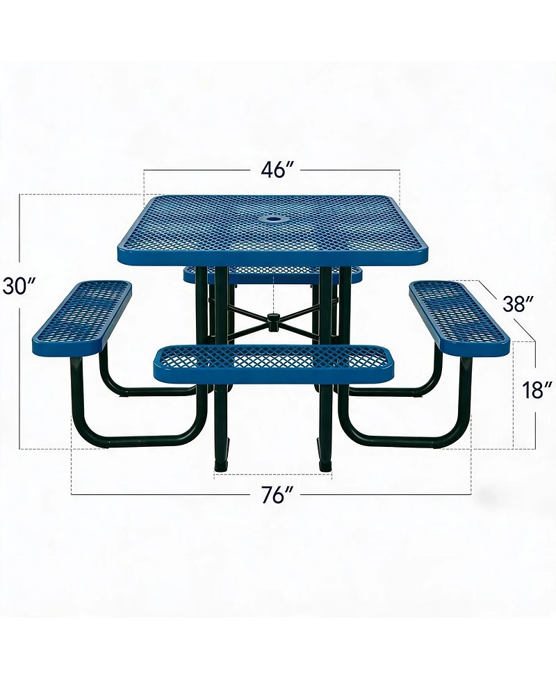 homfan Heavy Duty Metal Picnic Tables for Outdoors with Umbrella Hole, Square Top Coated Steel Commercial Grade Furniture Set Weather